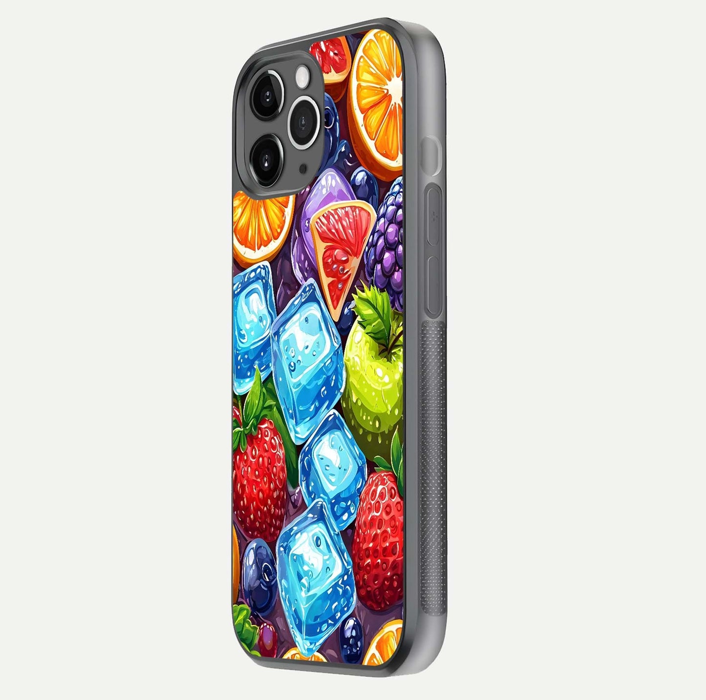 Colorful Fruits with Ice Glass Case for iPhone 11 Pro Max floating mockup showing bright shine and crystal clarity