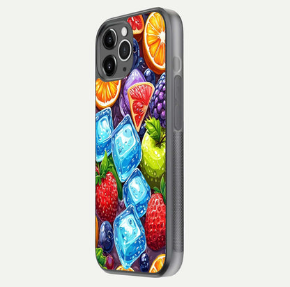 Colorful Fruits with Ice Glass Case for iPhone 11 Pro Max floating mockup showing bright shine and crystal clarity
