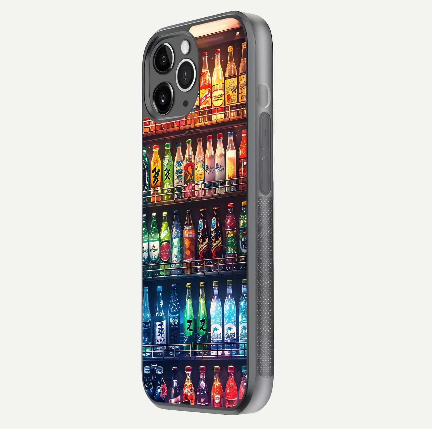 Colorful Soda Bottles Glass Case for iPhone 11 Pro Max floating mockup showing light reflection and bright gloss