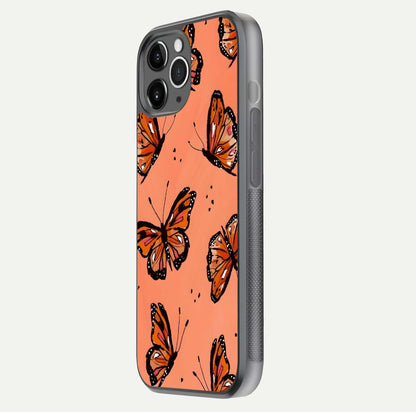 Coral Wing Butterfly Glass Case for iPhone 11 Pro Max floating mockup showing HD gloss texture and vivid coral color