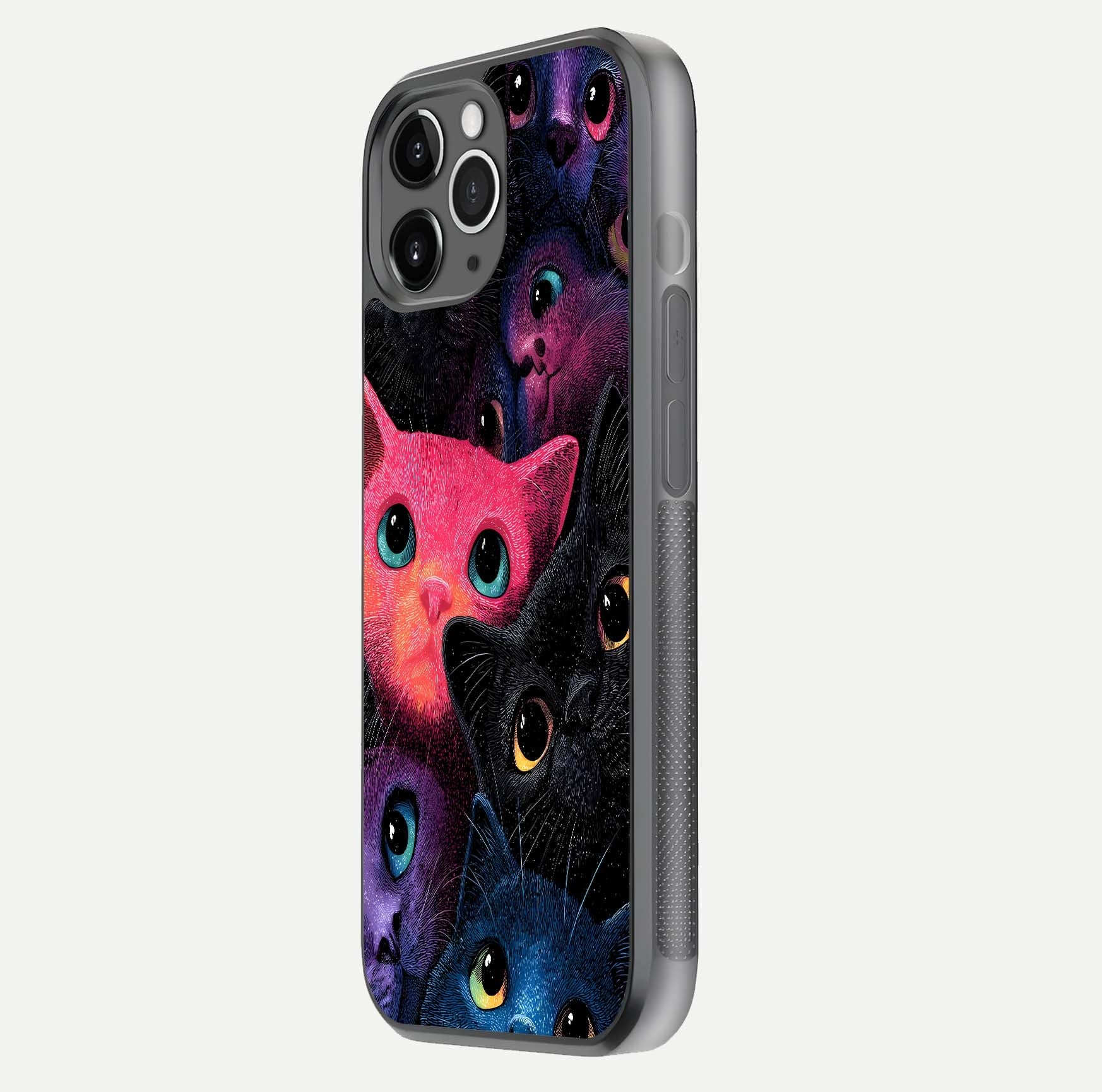 Cosmic Cats Dreams Glass Case for iPhone 11 Pro Max floating mockup showing star details and polish reflection