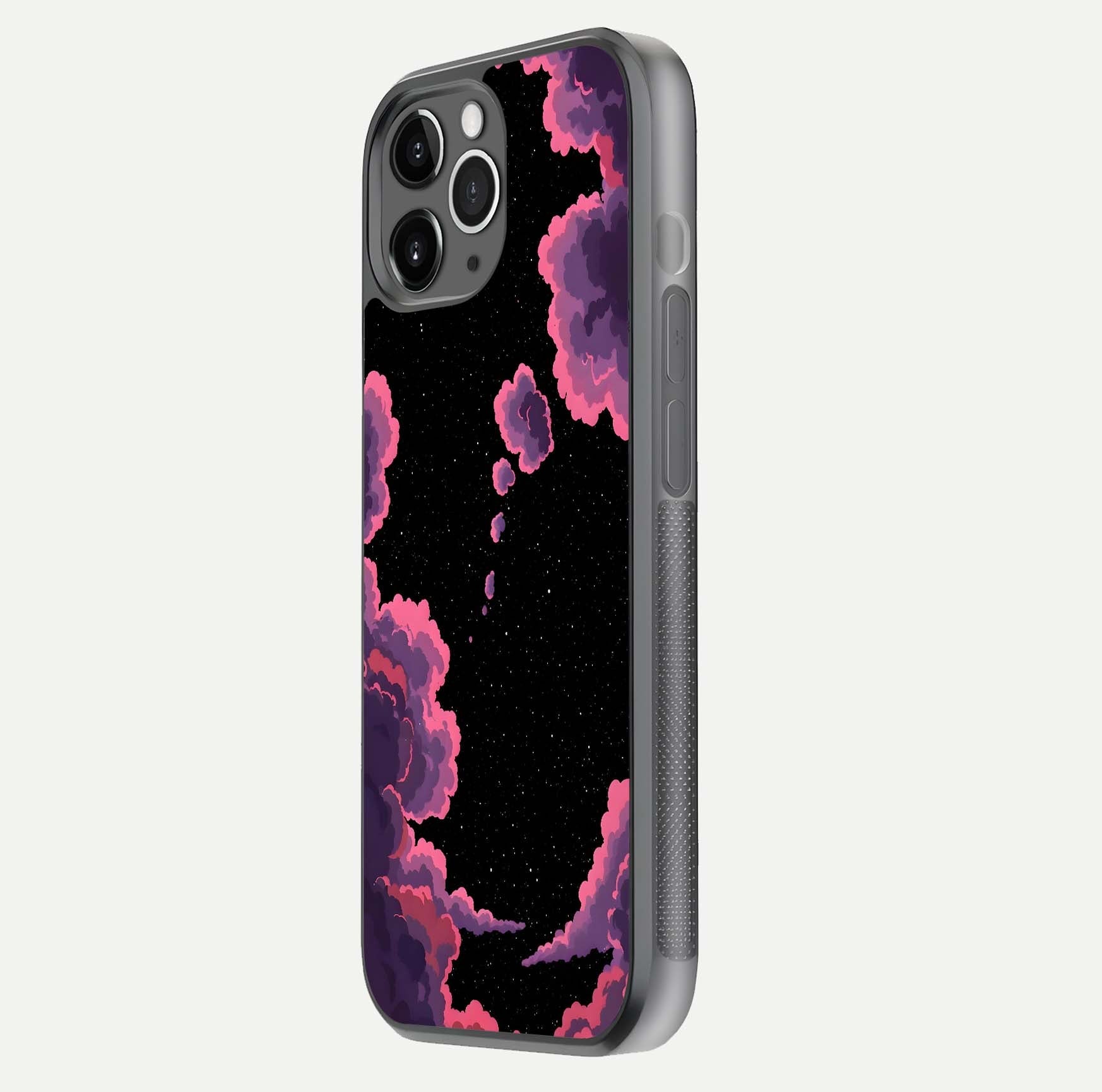 Cosmic Cloud Journey Glass Case for iPhone 11 Pro Max floating mockup showing HD gloss and cosmic gradient