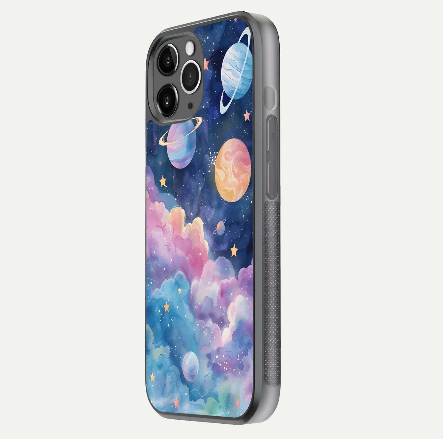 Cosmic Planet Dreams Glass Case for iPhone 11 Pro Max floating mockup showing HD gloss and cosmic reflection