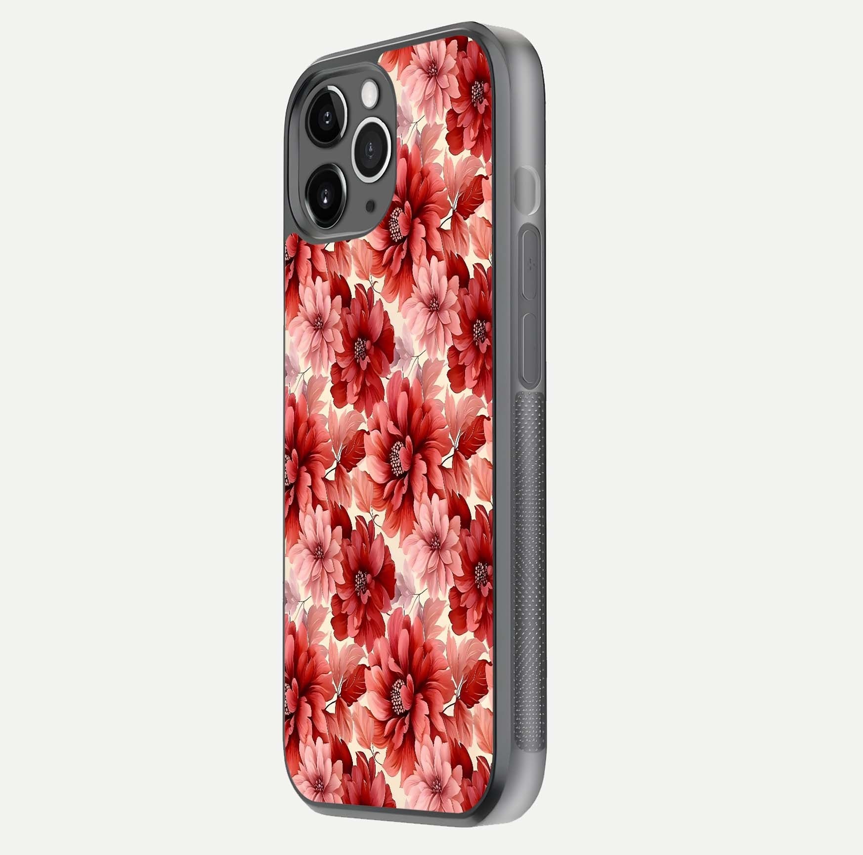 Crimson Love Petals Glass Case for iPhone 11 Pro Max floating mockup showing HD gloss and vivid detail