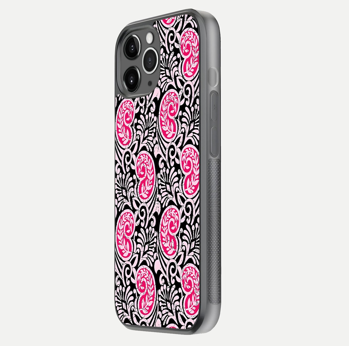 Crimson Paisley Charm Glass Case for iPhone 11 Pro Max floating mockup showing gloss shine and texture clarity