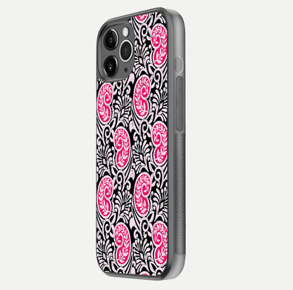 Crimson Paisley Charm Glass Case for iPhone 11 Pro Max floating mockup showing gloss shine and texture clarity
