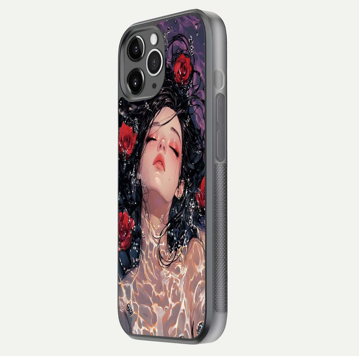 Crimson Rose Serenity Glass Case for iPhone 11 Pro Max floating mockup showing HD gloss and floral texture