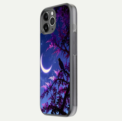 Crow & Moon Scenery Glass Case for iPhone 11 Pro Max floating mockup showing HD gloss texture and soft moonlight glow