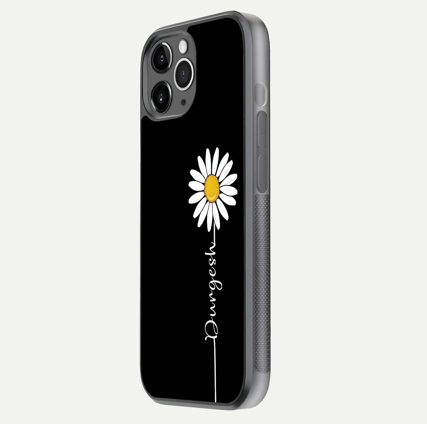 Custom Name White Flower Glass Case for iPhone 11 Pro Max floating mockup displaying HD gloss and delicate texture