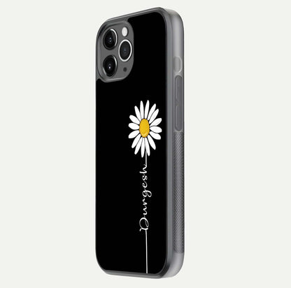 Custom Name White Flower Glass Case for iPhone 11 Pro Max floating mockup displaying HD gloss and delicate texture