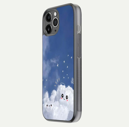 Cute Blossom Cloud Glass Case for iPhone 11 Pro Max floating mockup showing HD shine and soft gradient finish