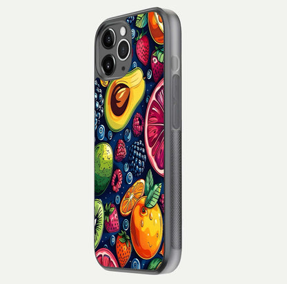 Cute Fruits Art Glass Case for iPhone 11 Pro Max floating mockup showing gloss brightness and vivid artwork