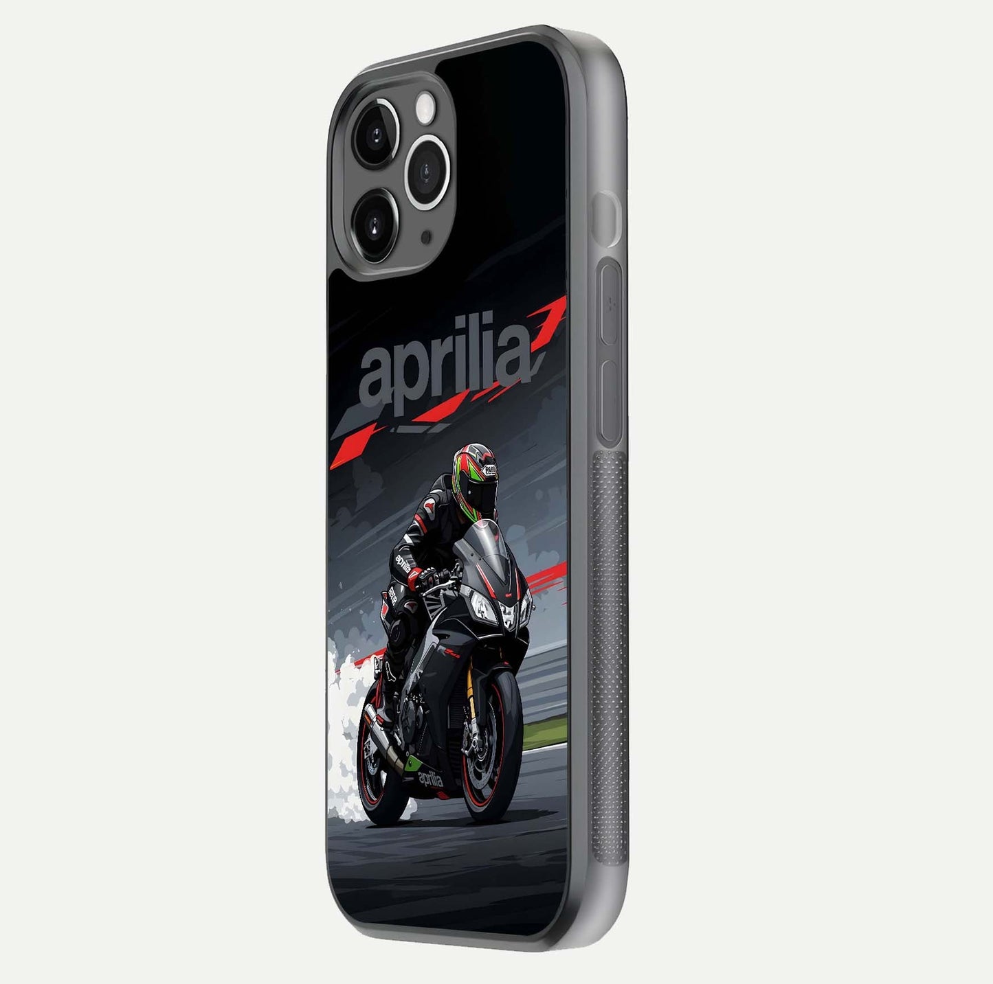 Dark Aprilla Glass Case for iPhone 11 Pro Max floating mockup showing glossy contrast and texture clarity