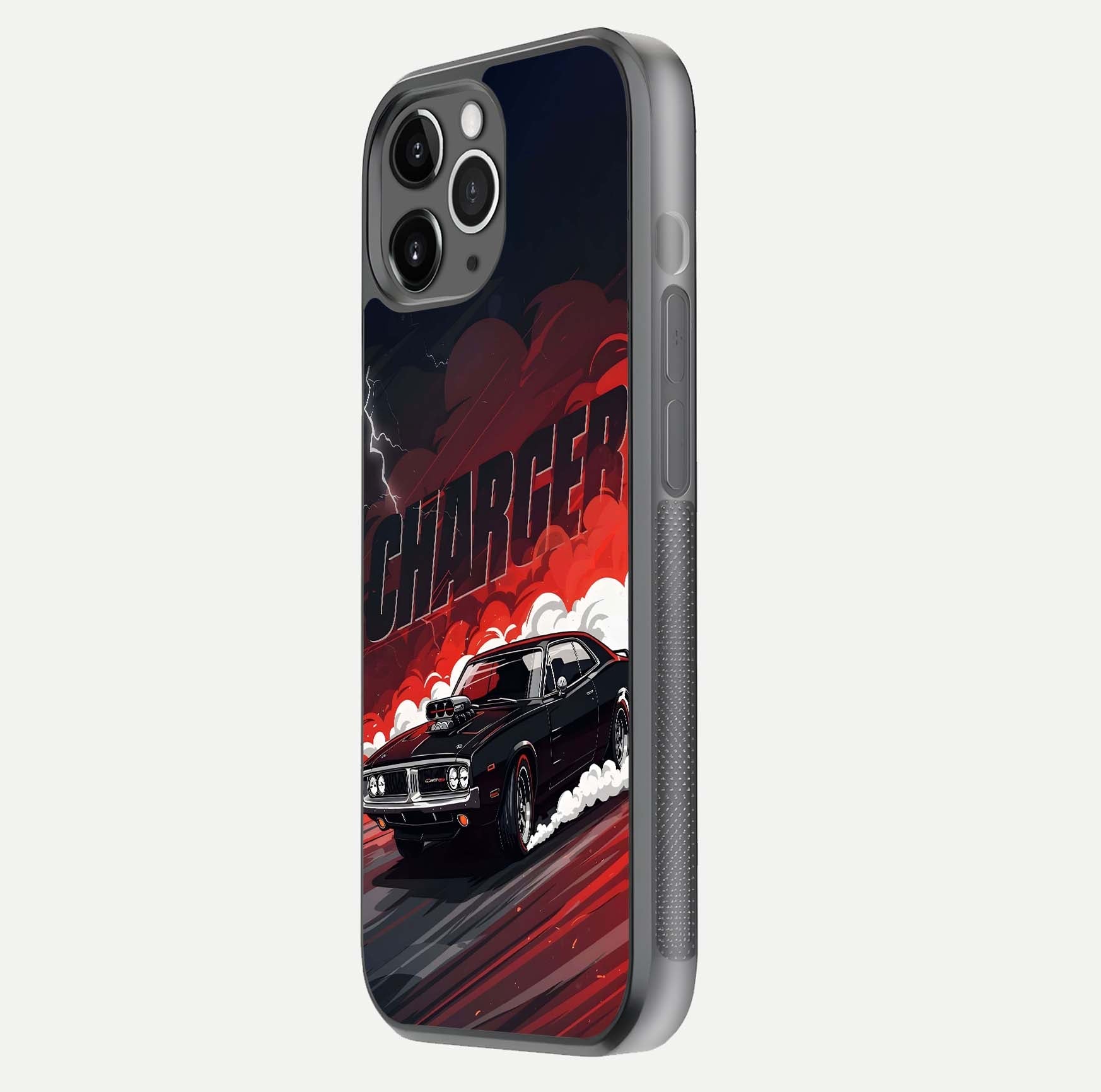 Dark Charger Fury Glass Case for iPhone 11 Pro Max floating mockup showing reflection depth and shiny surface