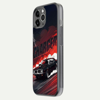 Dark Charger Fury Glass Case for iPhone 11 Pro Max floating mockup showing reflection depth and shiny surface