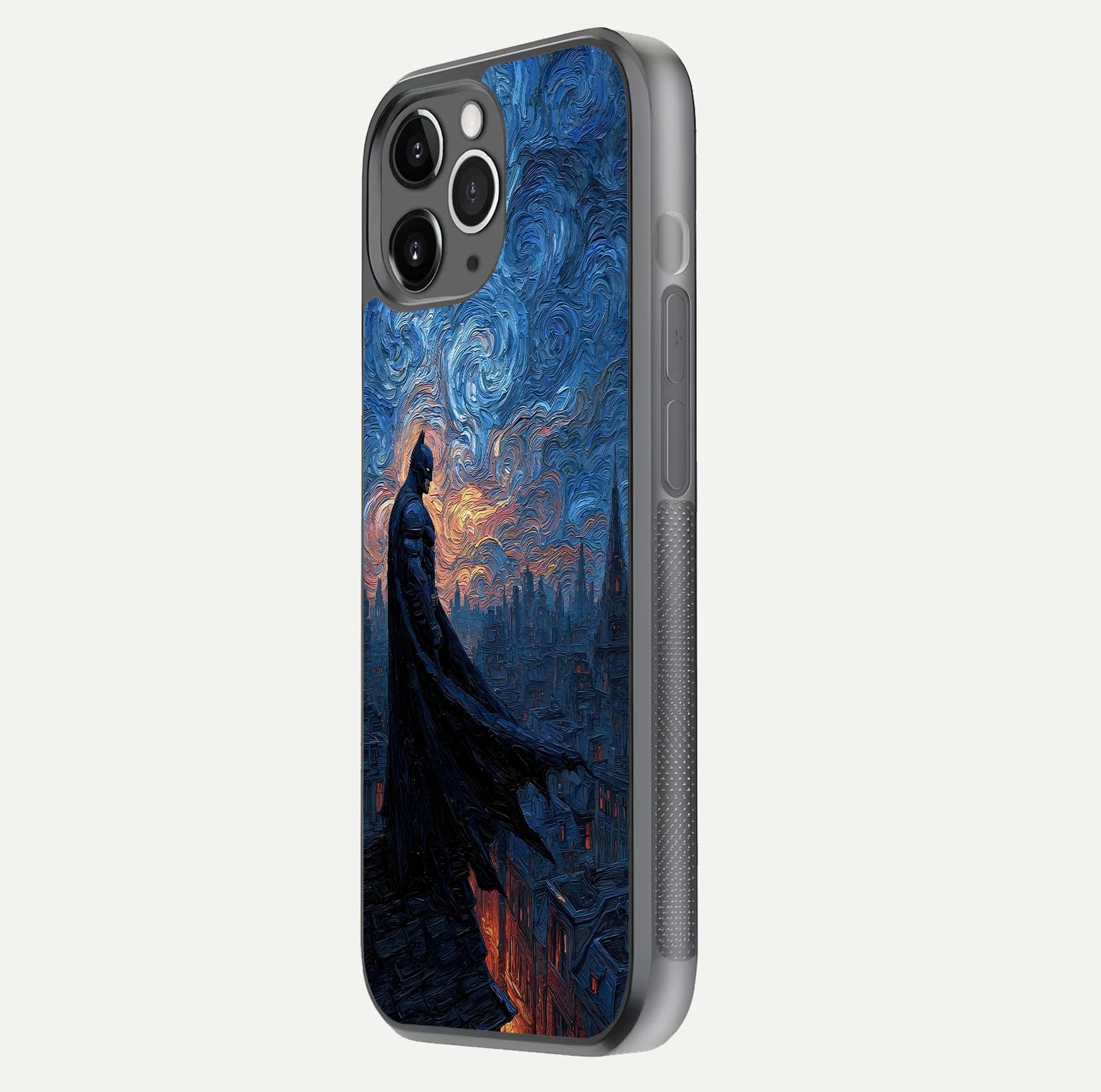 Dark Knight Dusk Glass Case for iPhone 11 Pro Max floating mockup showing glossy depth and cinematic lighting