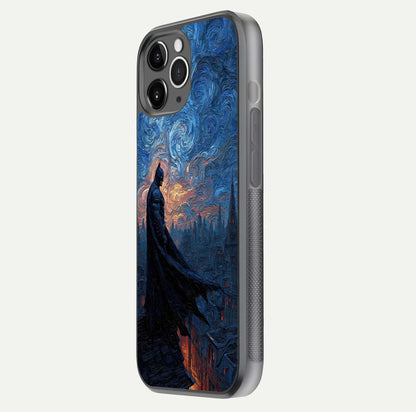 Dark Knight Dusk Glass Case for iPhone 11 Pro Max floating mockup showing glossy depth and cinematic lighting