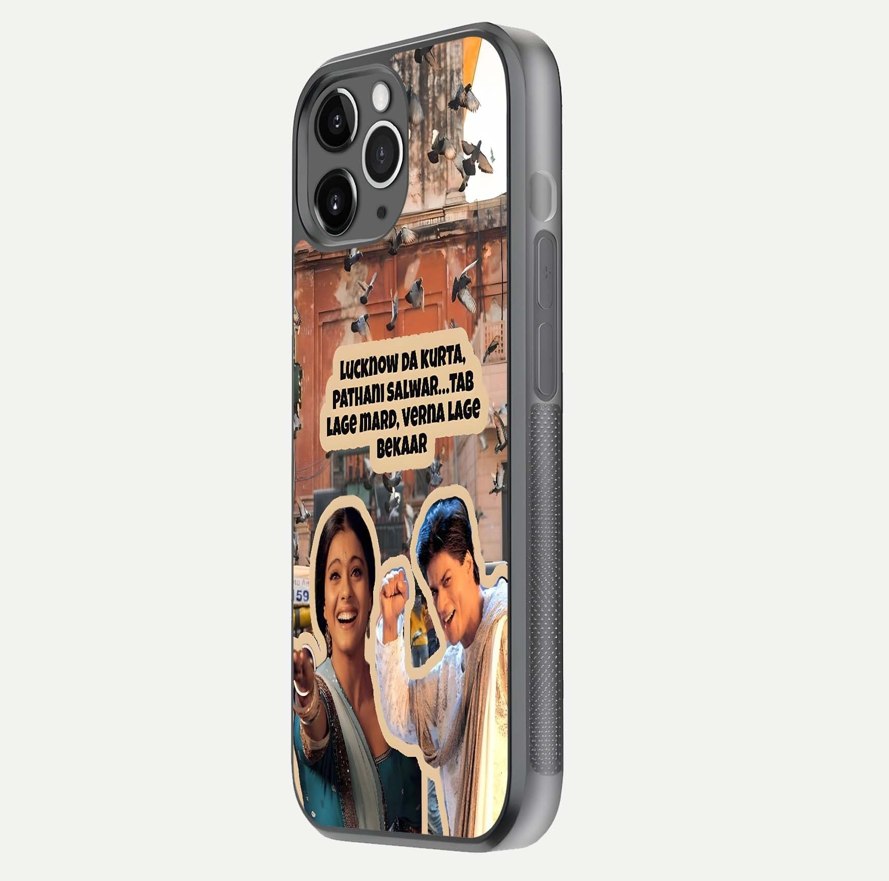 Desi Retro Vibes Glass Case for iPhone 11 Pro Max floating mockup showing shine polish and vivid tones