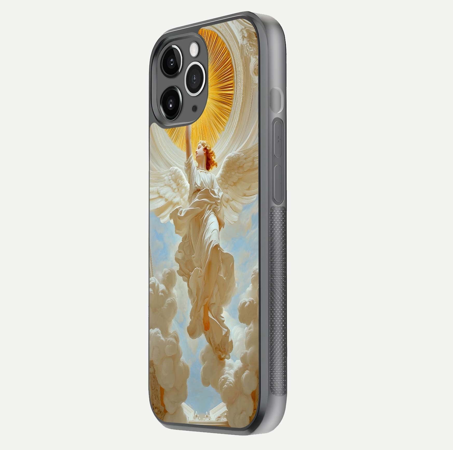 Divine Light Angel Glass Case for iPhone 11 Pro Max floating mockup showing gloss texture and radiant light