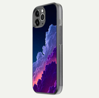 Dreamy Cloud Skies Glass Case for iPhone 11 Pro Max floating mockup showing glossy depth and delicate tone