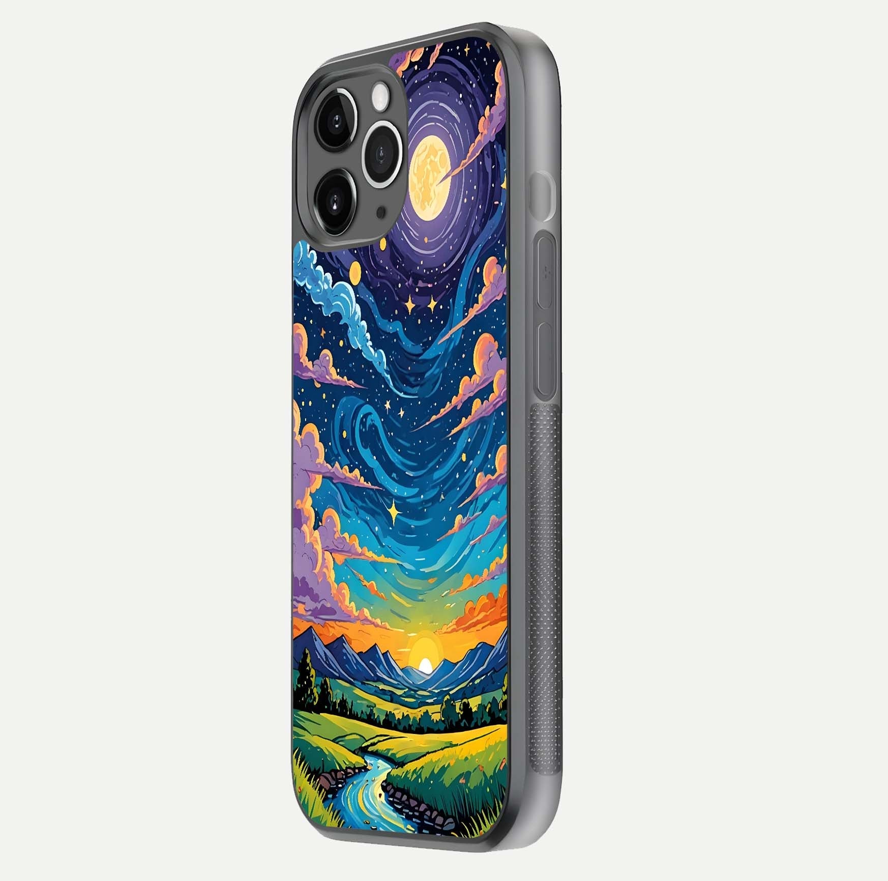 Dreamy Night Landscape Glass Case for iPhone 11 Pro Max floating mockup showing glossy depth and serene color