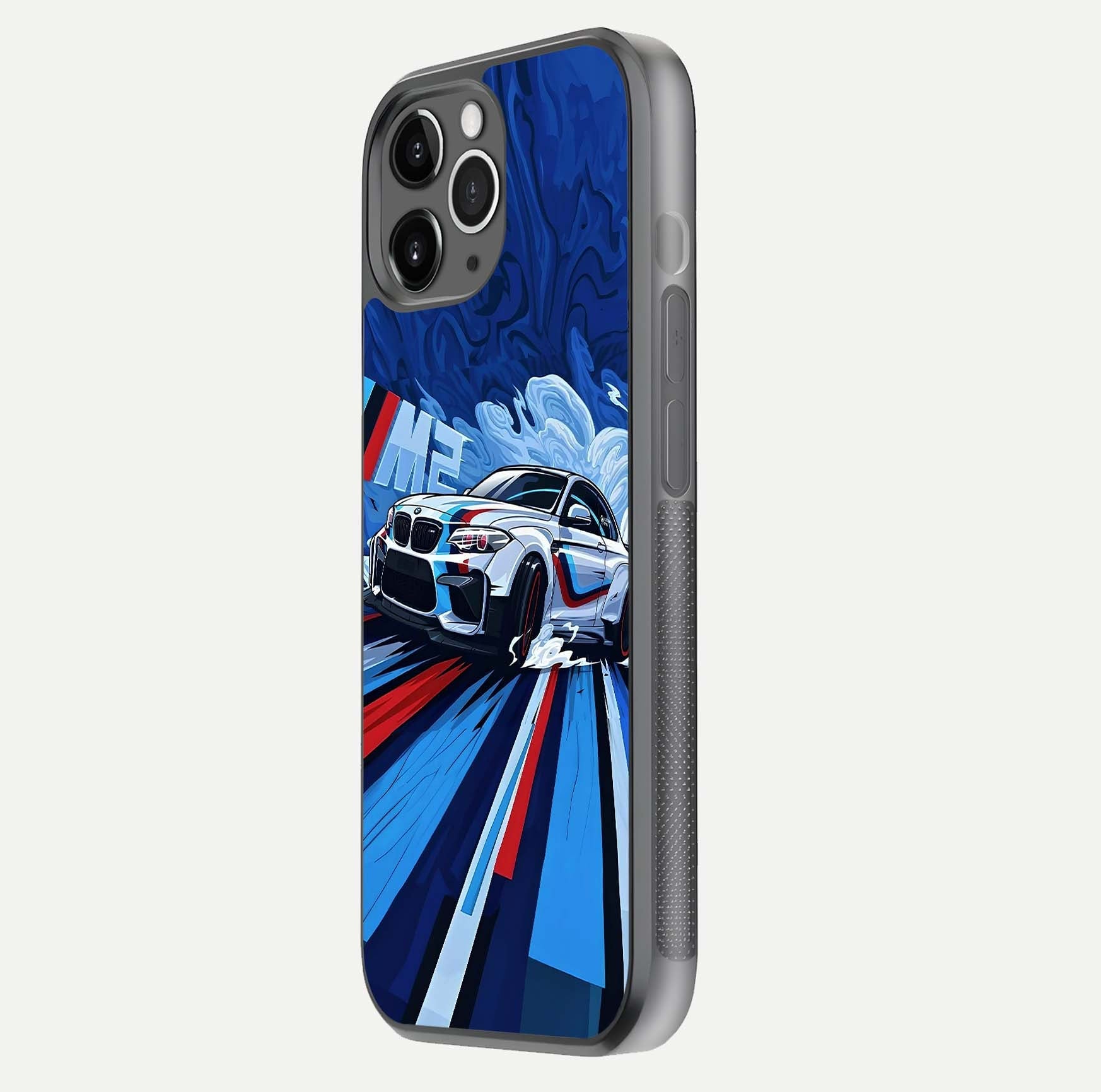 Drift Power Rush Glass Case for iPhone 11 Pro Max floating mockup showing gloss polish and speed-theme design