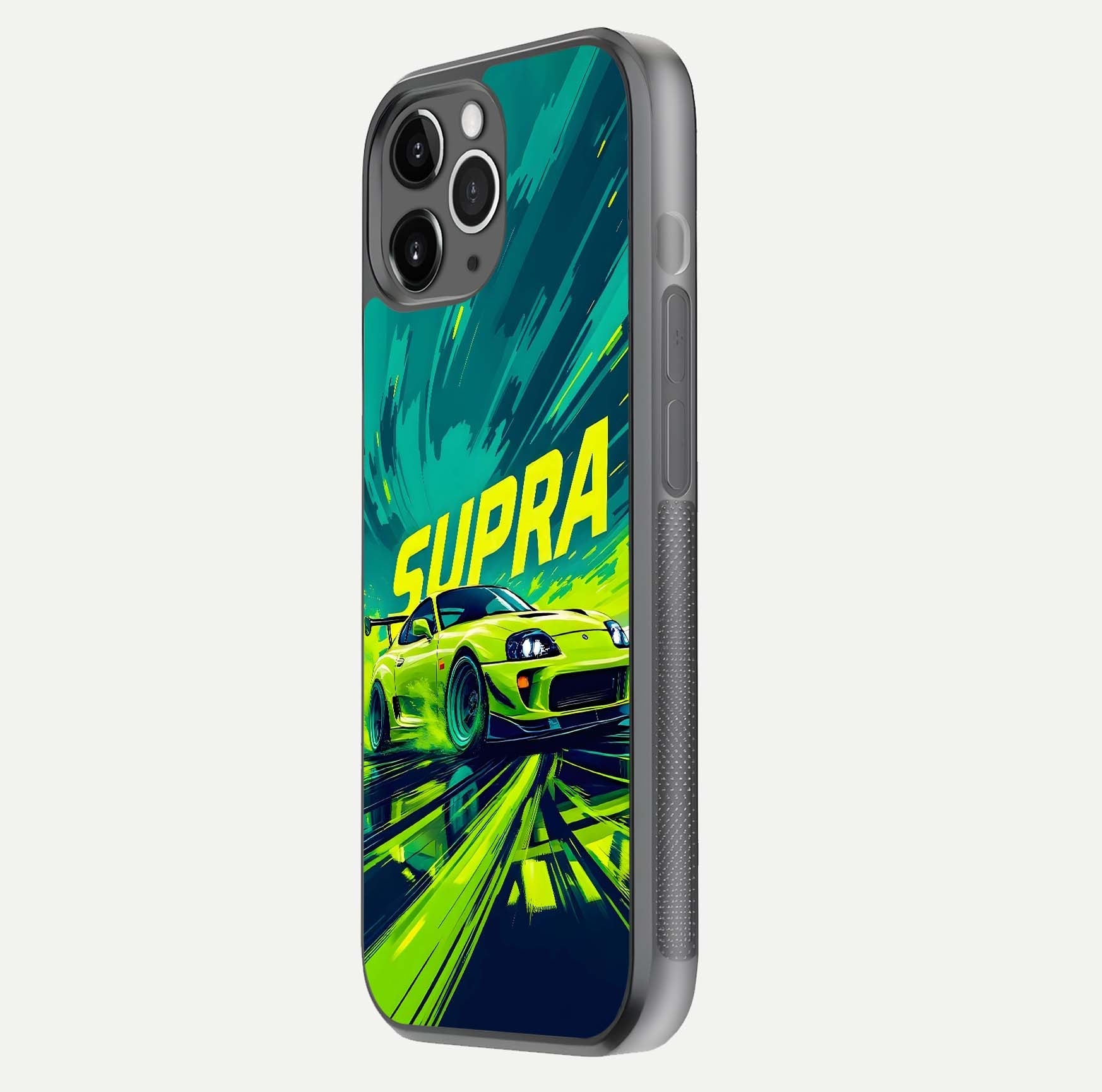 Electric Supra Thunder Glass Case for iPhone 11 Pro Max floating mockup showing gloss depth and energy glow