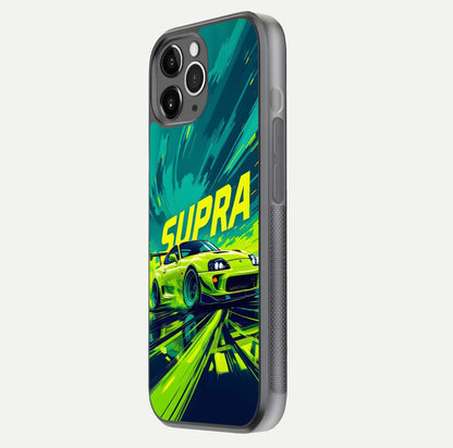 Electric Supra Thunder Glass Case for iPhone 11 Pro Max floating mockup showing gloss depth and energy glow