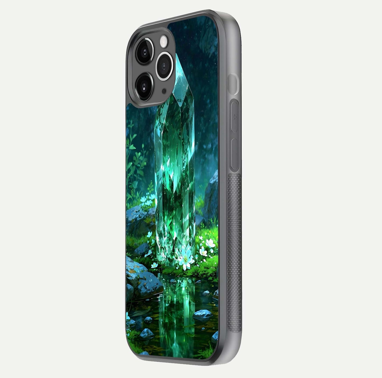 Emerald Light Crystal Glass Case for iPhone 11 Pro Max floating mockup showing glossy finish and radiant light pattern