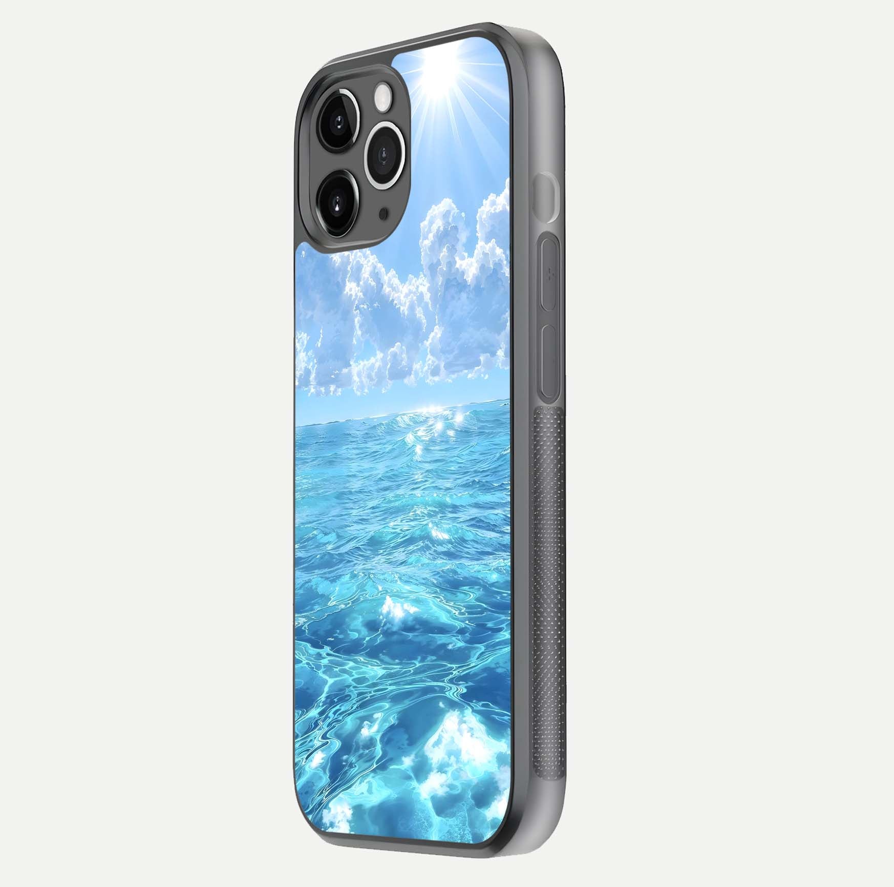 Endless Ocean Horizon Glass Case for iPhone 11 Pro Max floating mockup showing HD gloss and tranquil color
