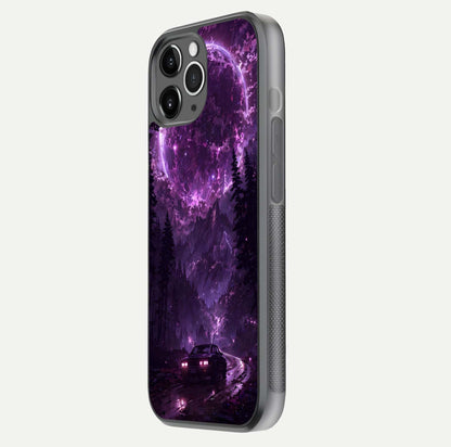 Eternal Cosmic Drive Glass Case for iPhone 11 Pro Max floating mockup showing glossy polish and vivid glow