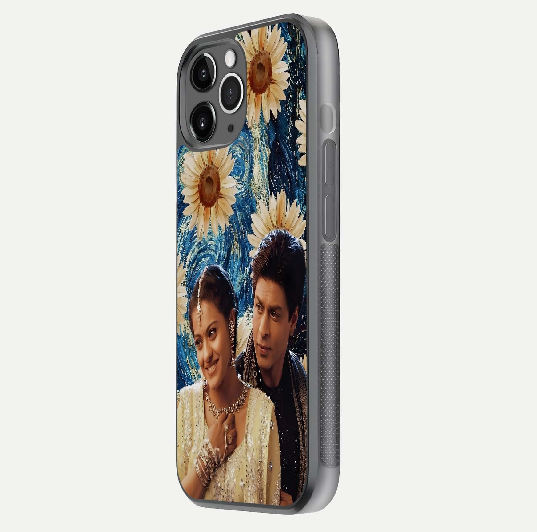 Eternal Love Story Glass Case for iPhone 11 Pro Max floating mockup showing glossy shine and romantic tone