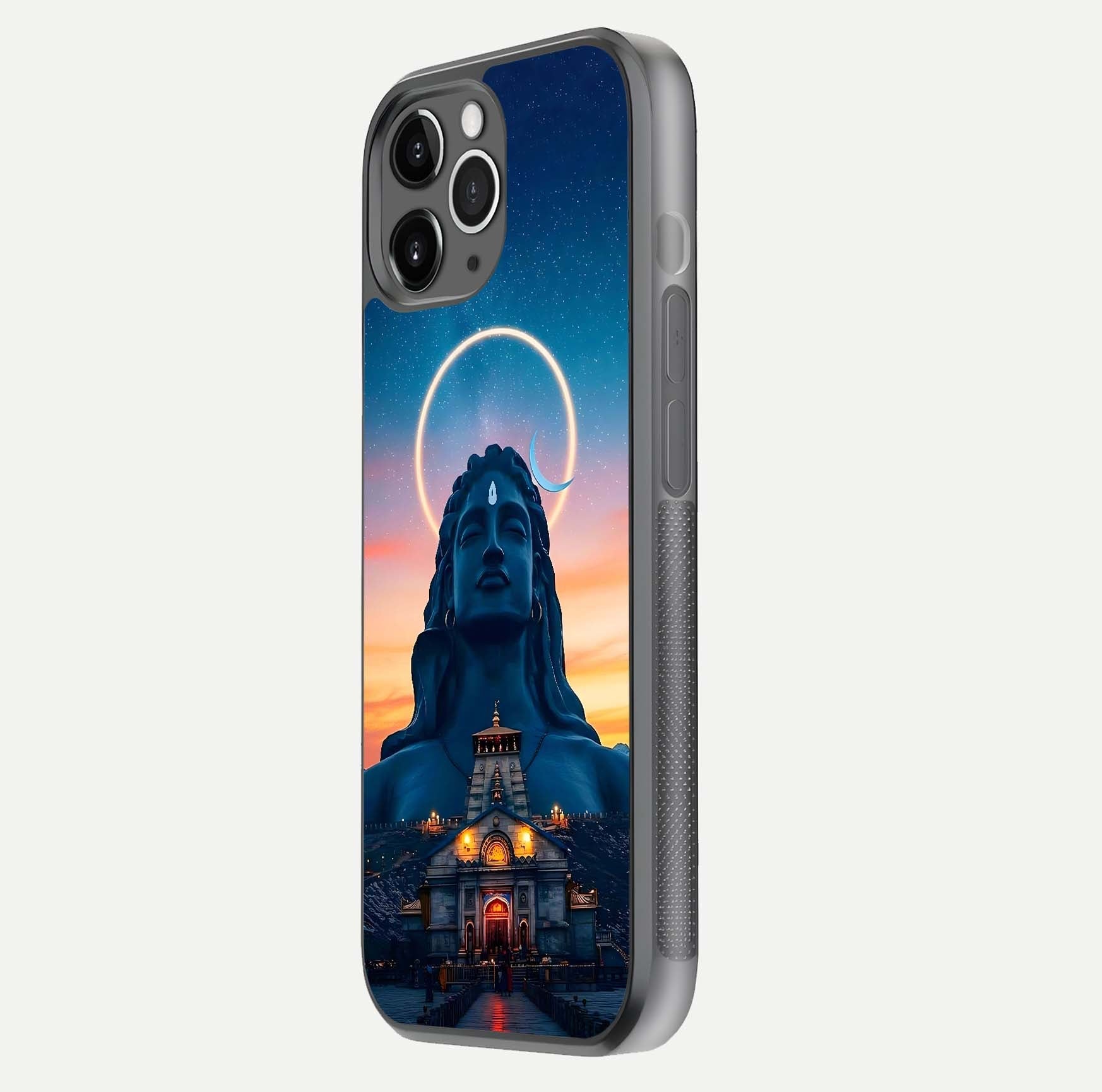 Eternal Shiva Aura Glass Case for iPhone 11 Pro Max floating mockup showing gloss texture and spiritual glow