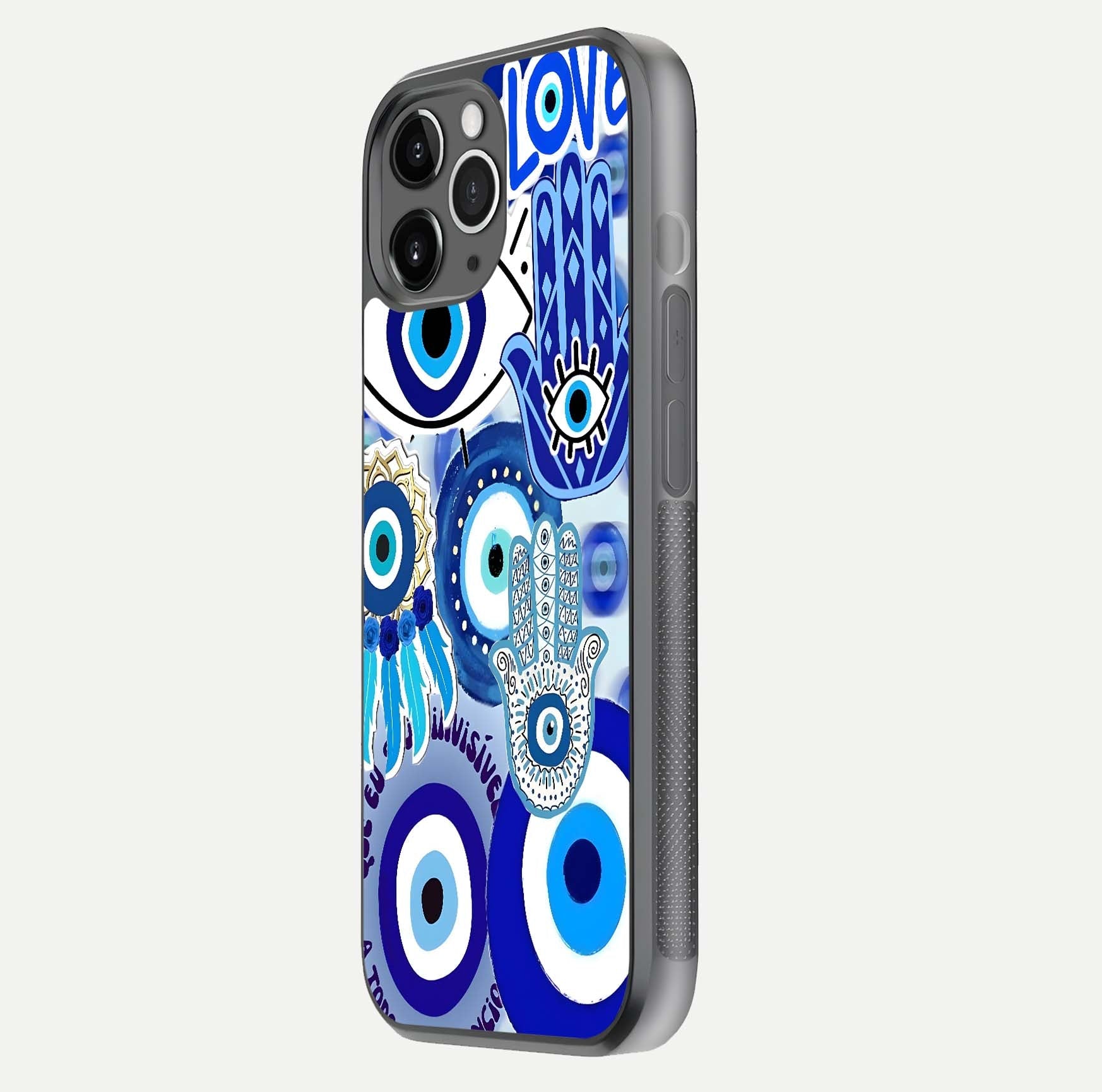 Evil Eyes Dream Glass Case for iPhone 11 Pro Max floating mockup showing glossy shine and elegant pattern clarity