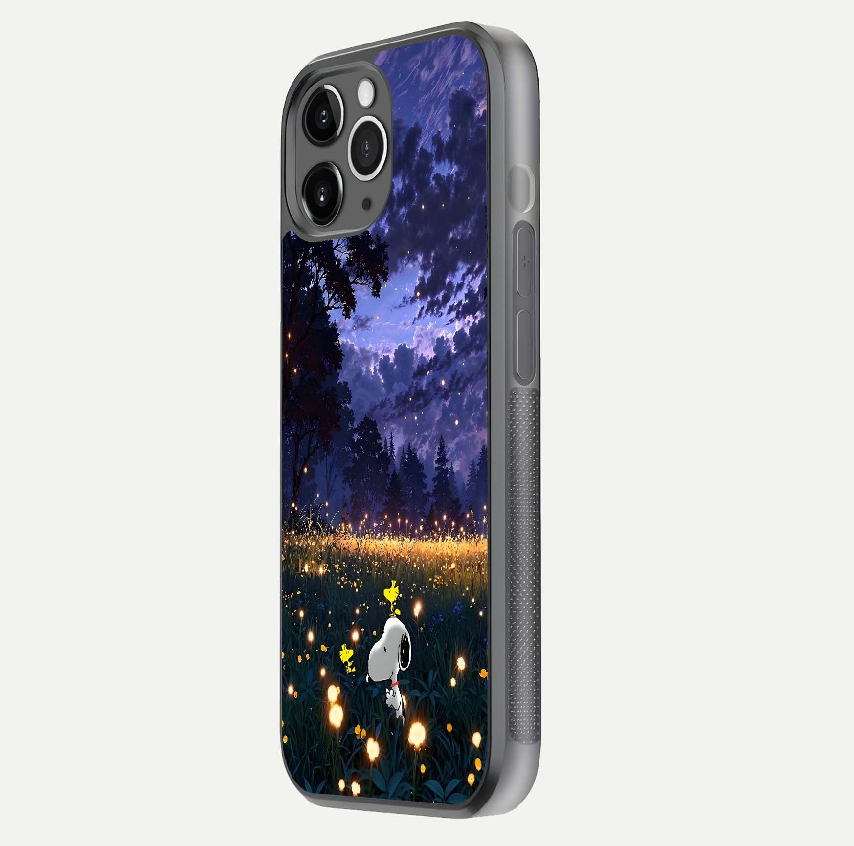 Firefly Meadow Magic Glass Case for iPhone 11 Pro Max floating mockup showing gloss polish and magical night hues