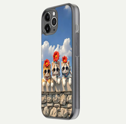 Floral Kitty Squad Glass Case for iPhone 11 Pro Max floating mockup showing gloss texture and playful charm