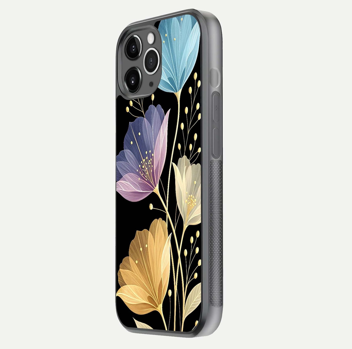 Flower Bloom Glow Glass Case for iPhone 11 Pro Max floating mockup showing HD shine and artistic detail