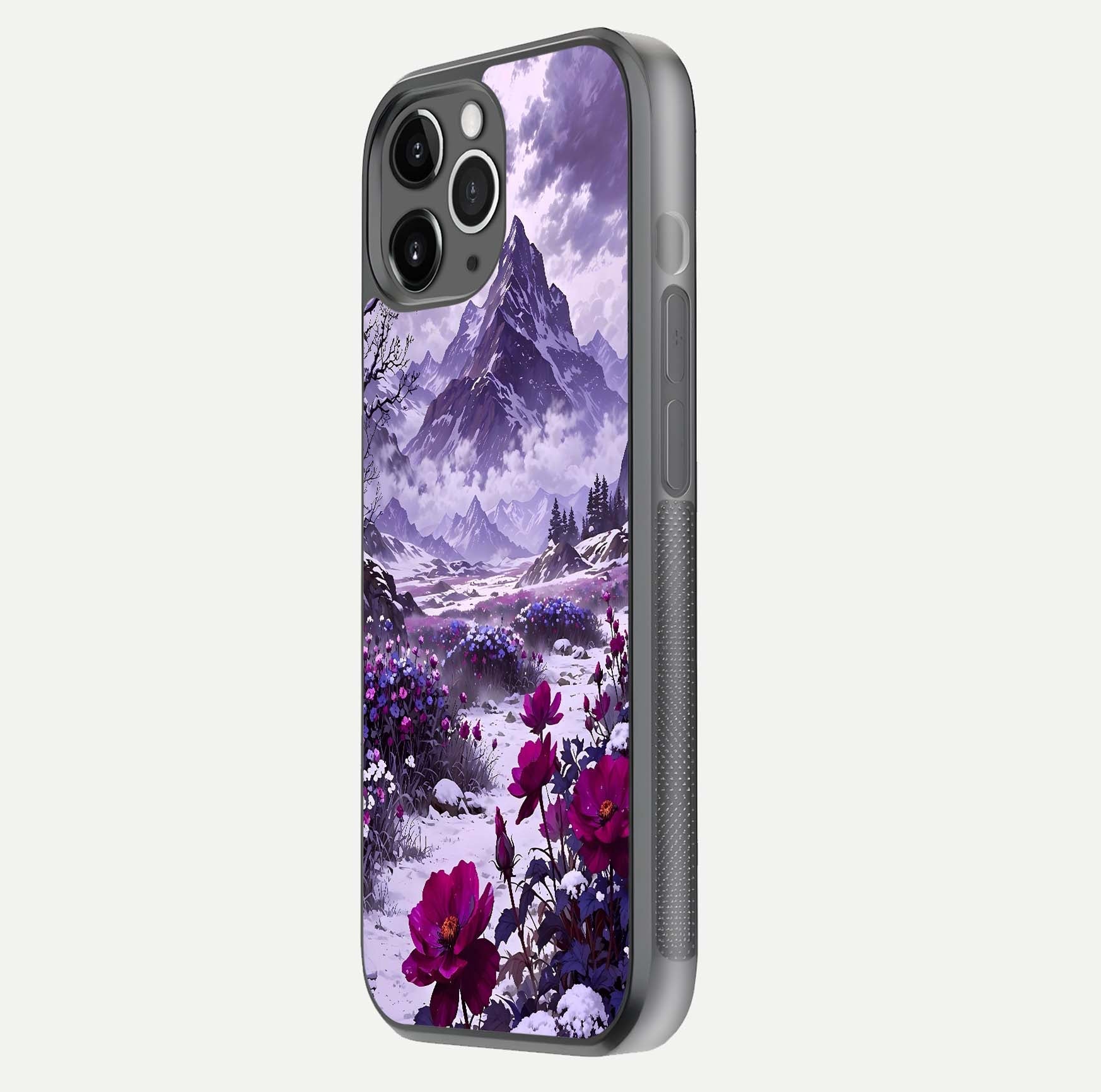Flower Mountain View Glass Case for iPhone 11 Pro Max floating mockup showing reflection glow and artistic clarity