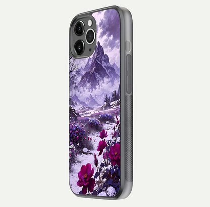 Flower Mountain View Glass Case for iPhone 11 Pro Max floating mockup showing reflection glow and artistic clarity
