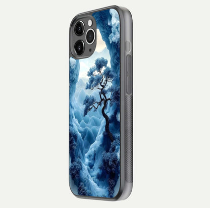 Frozen Serenity Gate Glass Case for iPhone 11 Pro Max floating mockup showing glossy depth and crystal glow