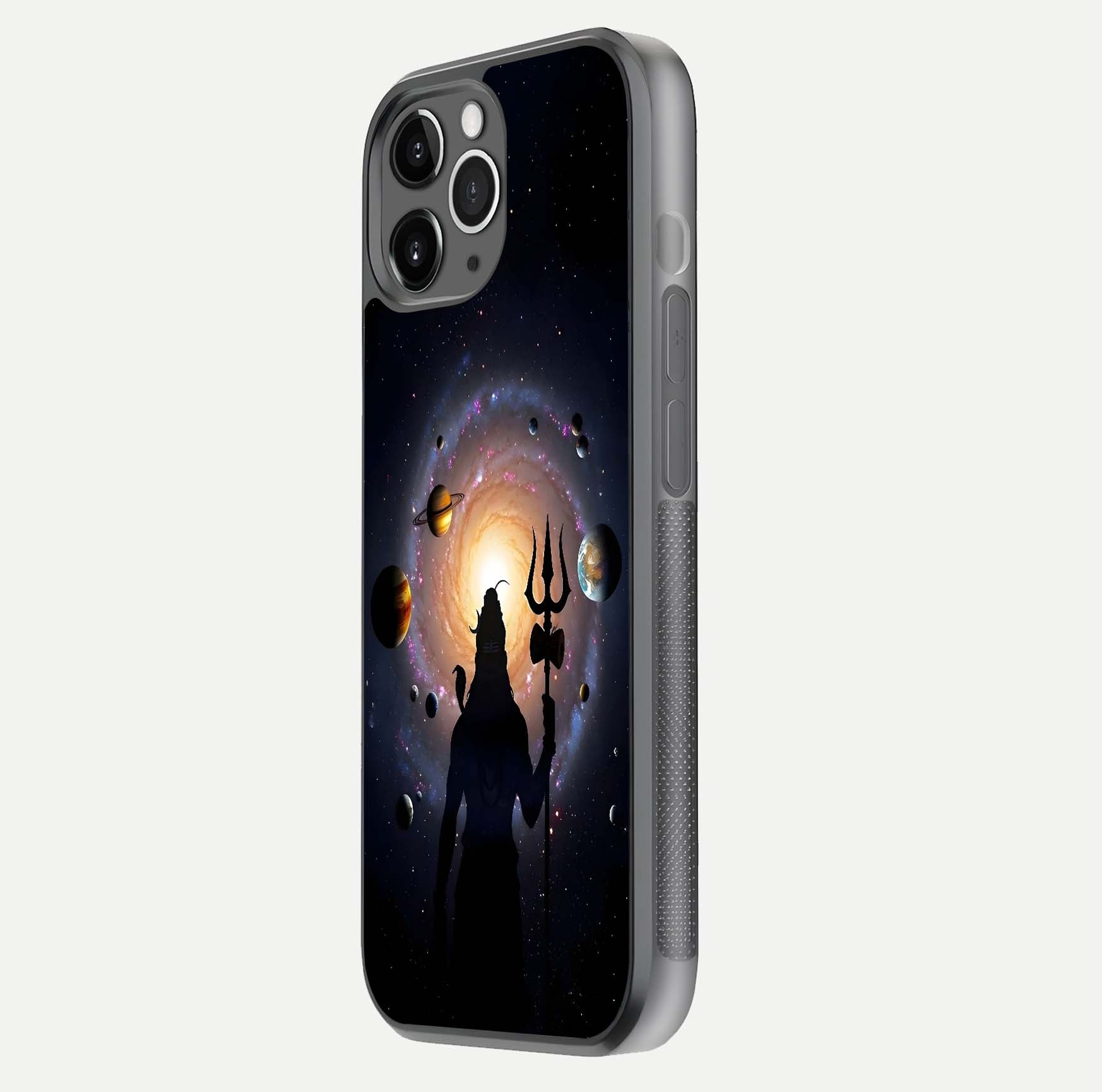 Galactic Shiva Vision Glass Case for iPhone 11 Pro Max floating dual-view mockup displaying vibrant cosmic colors and smooth gloss texture