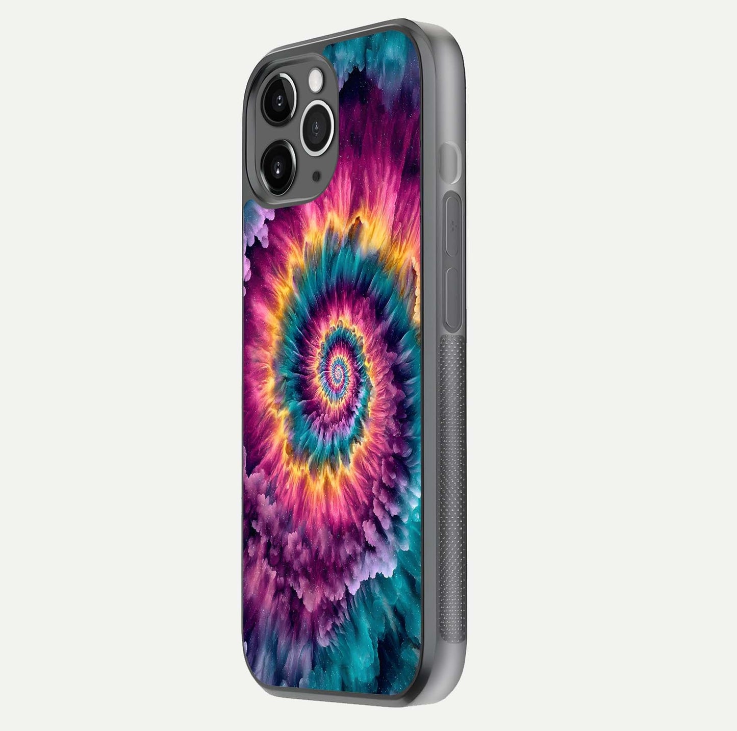 Galactic Spiral Burst Glass Case for iPhone 11 Pro Max floating dual-view mockup displaying light trails and smooth gloss shine