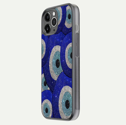 Galaxy Eye Flow Glass Case for iPhone 11 Pro Max floating dual-view mockup showing gloss polish and glowing tones