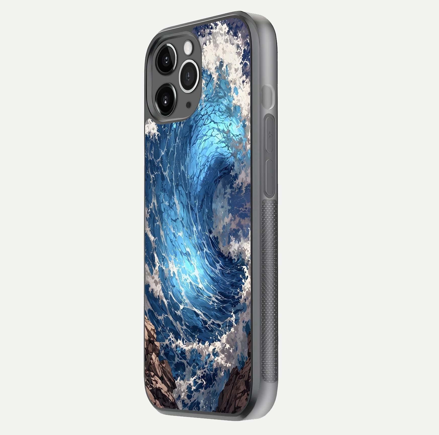 Giant Ocean Wave Glass Case for iPhone 11 Pro Max floating dual-view mockup showing glossy depth and aquatic blue gradient