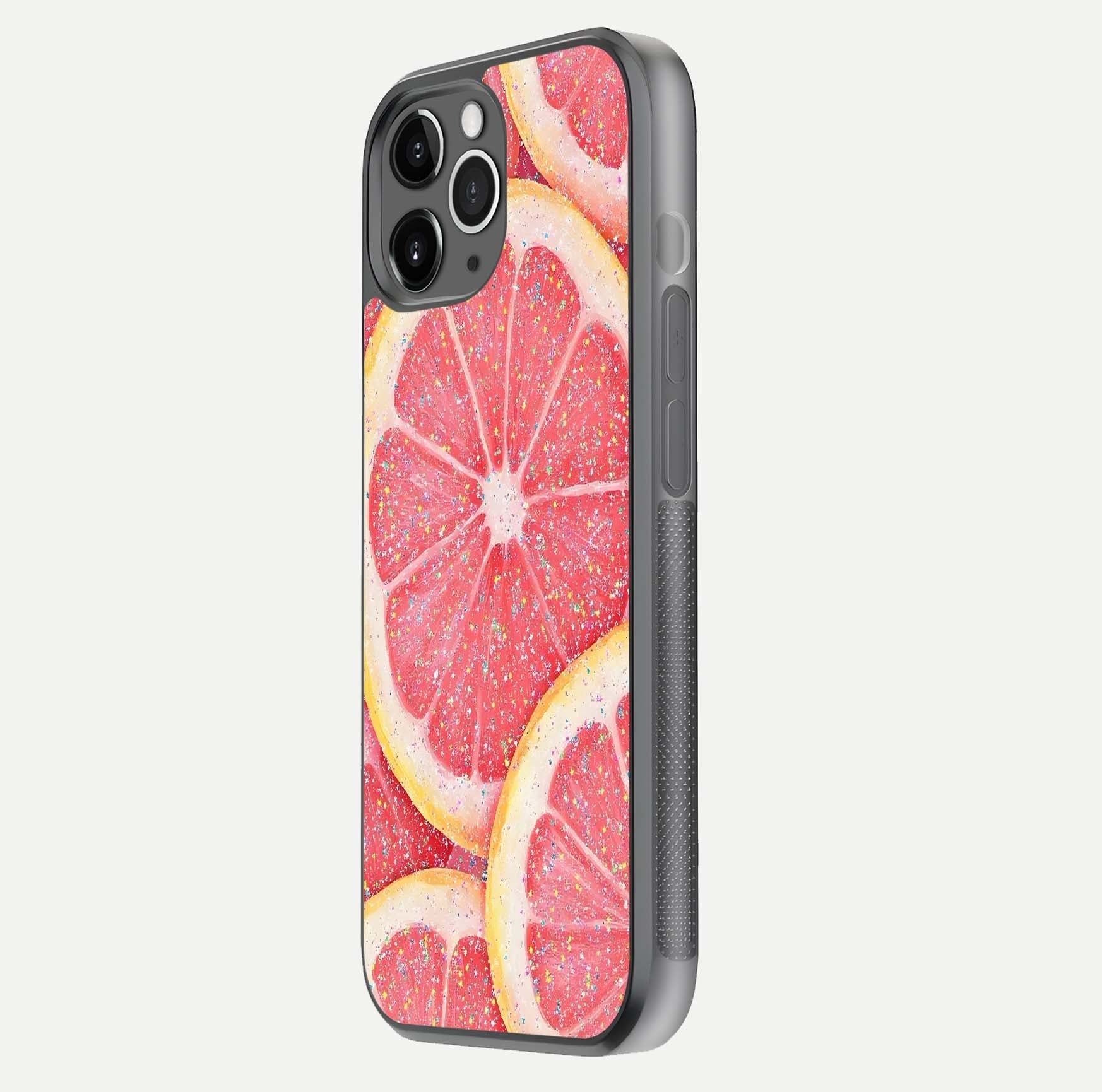 Glitter Grapefruit Glass Case for iPhone 11 Pro Max floating dual-view mockup showing HD gloss and fresh color detail