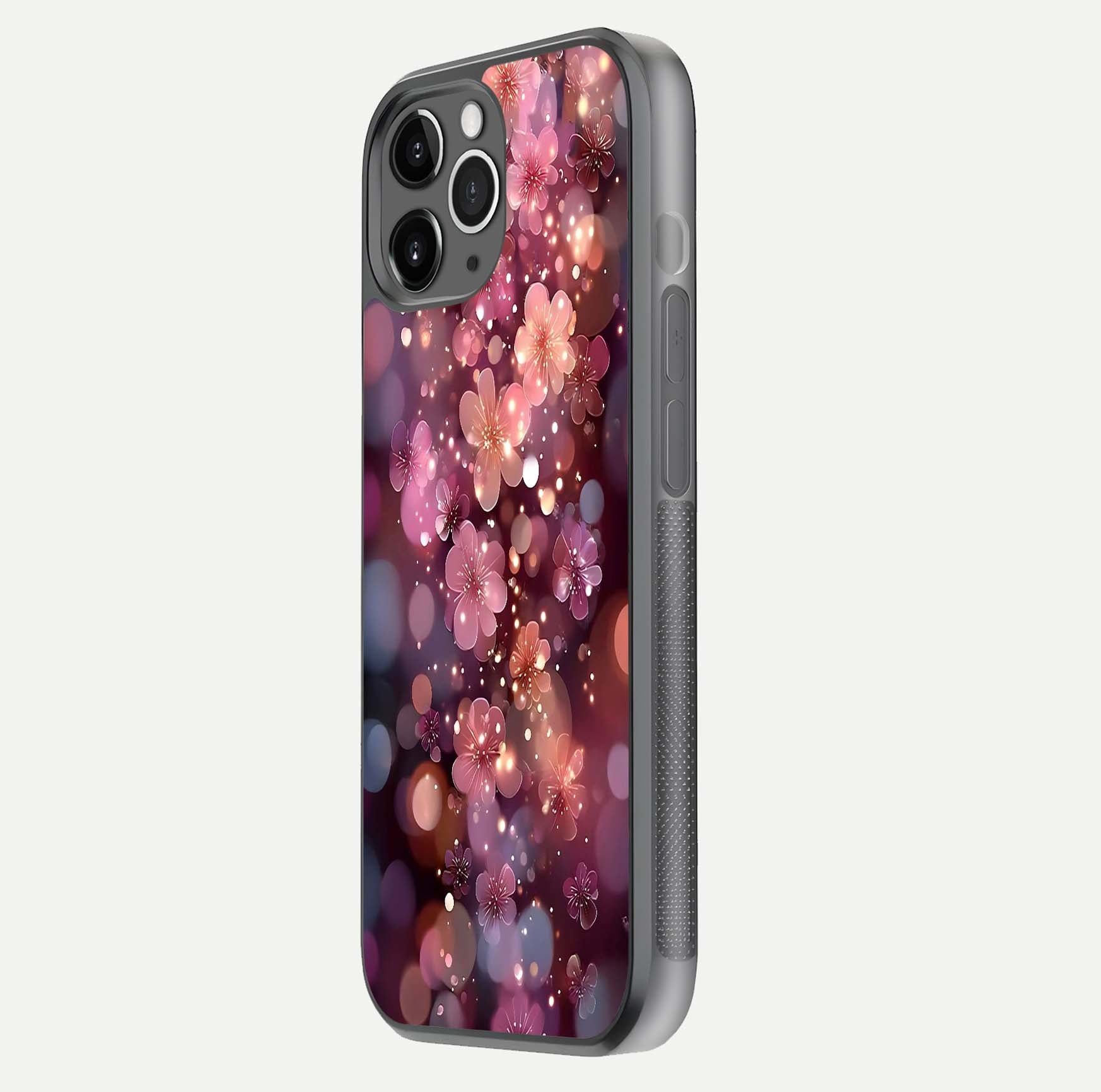 Glowing Petal Bliss Glass Case for iPhone 11 Pro Max floating dual-view mockup showing gloss brightness and delicate tone