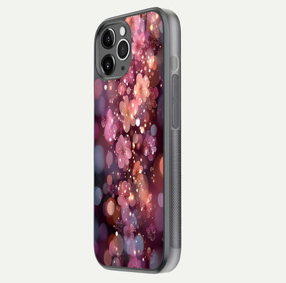 Glowing Petal Bliss Glass Case for iPhone 11 Pro Max floating dual-view mockup showing gloss brightness and delicate tone