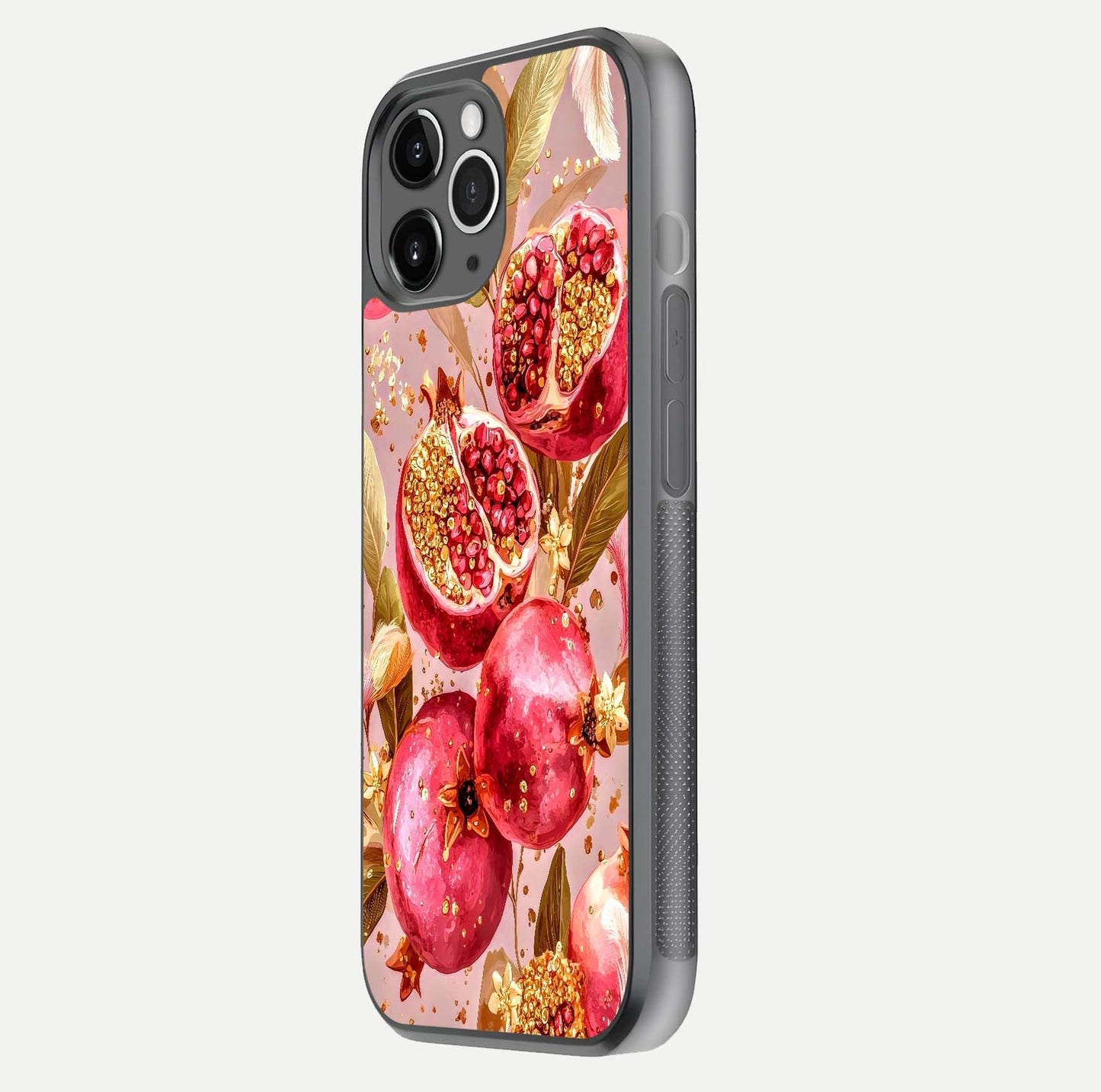 Golden Bloom Glow Glass Case for iPhone 11 Pro Max floating dual-view mockup showing glossy shine and golden shimmer