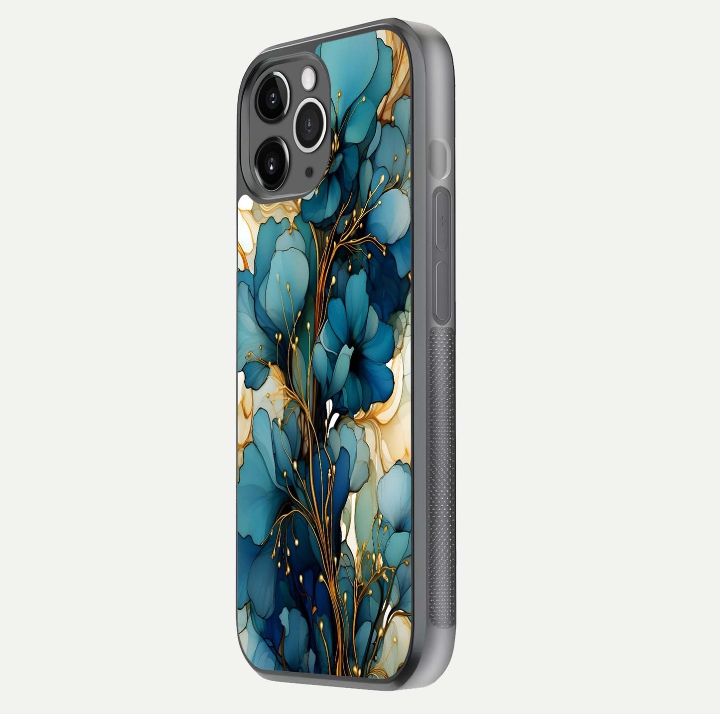 Golden Bloom Symphony Glass Case for iPhone 11 Pro Max floating dual-view mockup displaying shine texture and luxury pattern