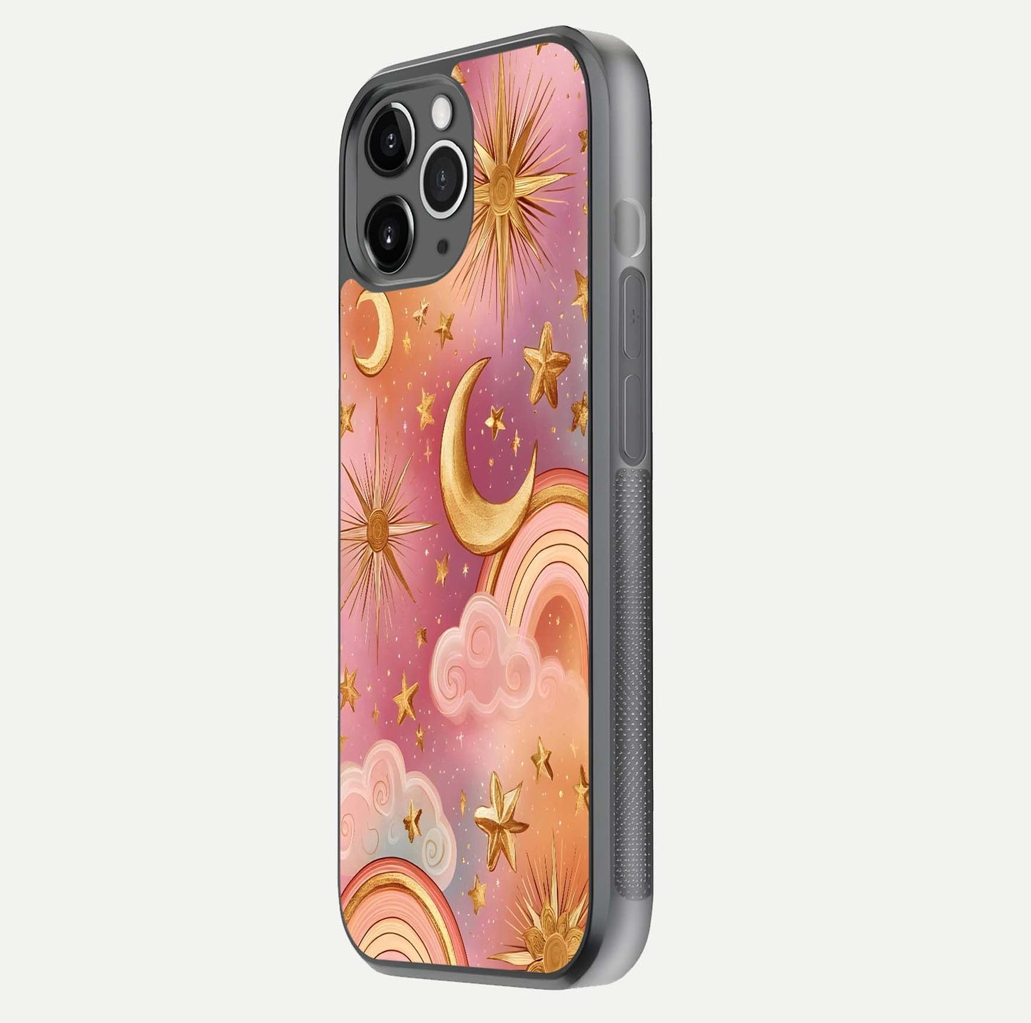 Golden Celestial Dreams Glass Case for iPhone 11 Pro Max floating dual-view mockup showing gloss surface and dream-like glow